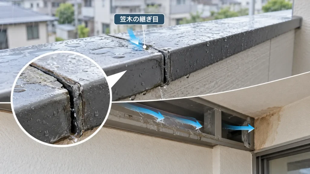 ベランダ笠木の継ぎ目に隙間が生じ、雨水が内部へ入り込んでいる様子