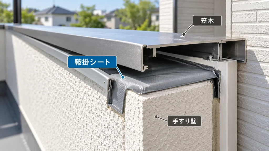 ベランダの手すり壁上端に施工される鞍掛シートと、その上に笠木が取り付けられる構造を示した画像