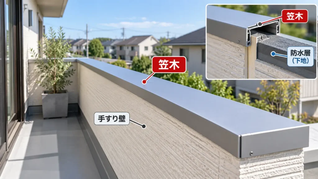 ベランダの手すり壁上部にある笠木の位置と、その下に防水層がある構造を示した画像