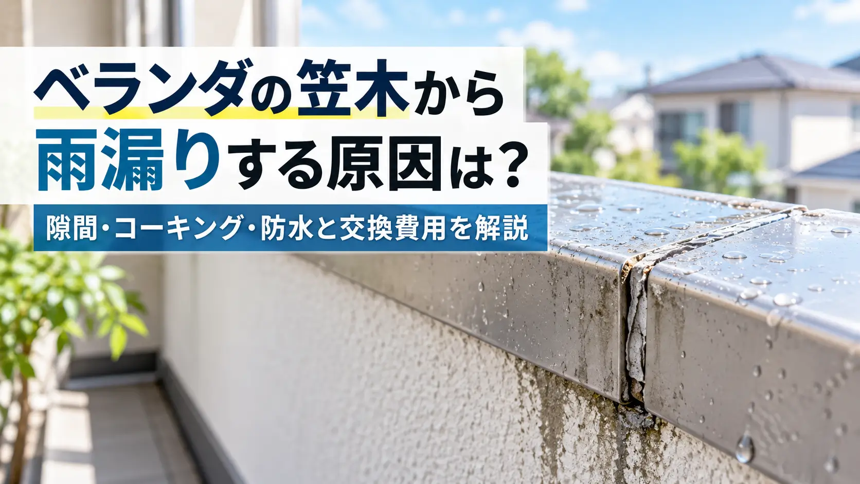 ベランダの笠木の継ぎ目や隙間から雨水が入り、雨漏りの原因やコーキング・防水・交換費用を解説する記事のアイキャッチ画像