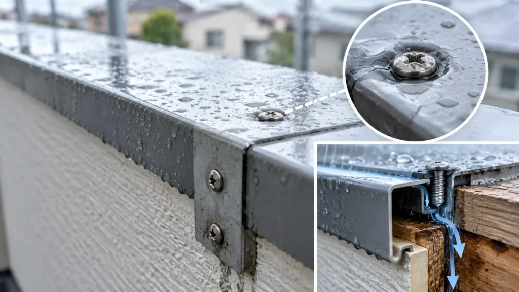 ベランダ笠木を固定するビスや金具部分から雨水が入り、下地へ流れている様子