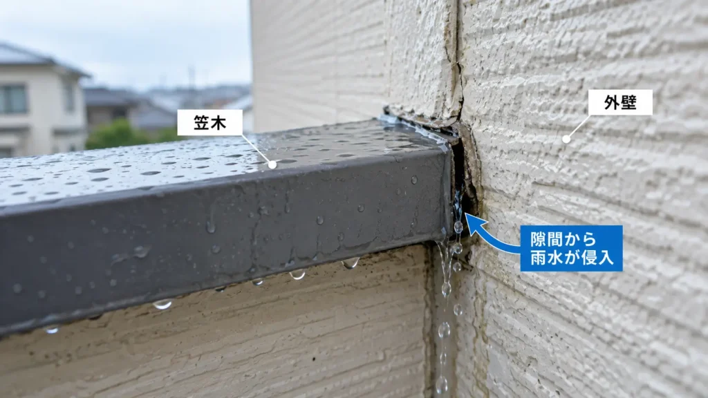 ベランダの笠木と外壁の取り合い部分に隙間ができ、雨水が浸入している様子
