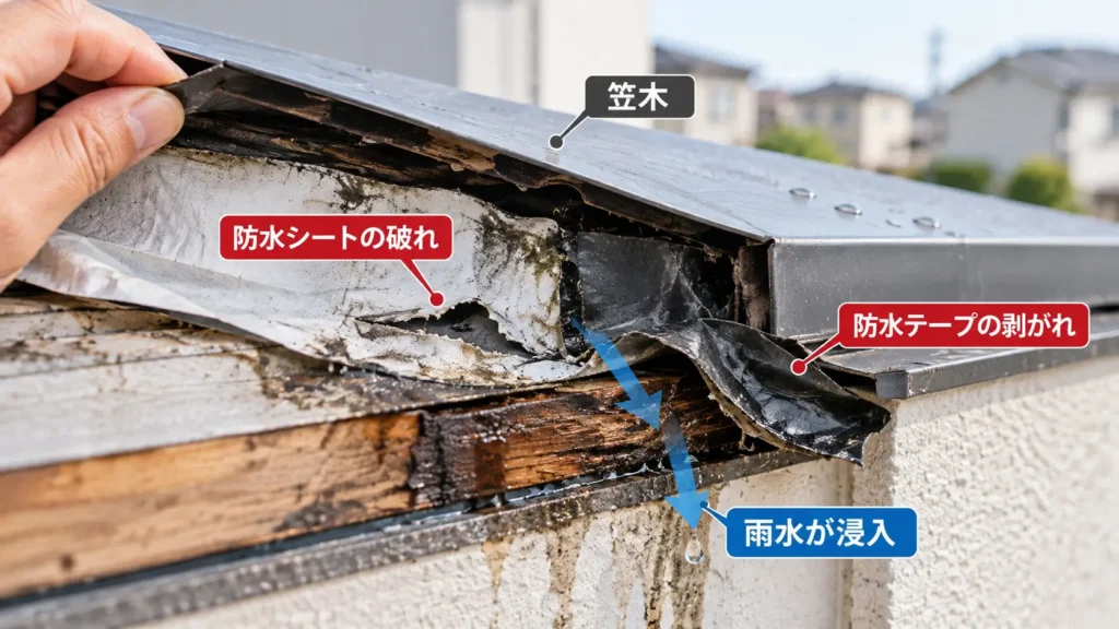 ベランダ笠木から入った雨水が手すり壁内部を通り、下階の天井や室内側に雨染みを起こしている様子