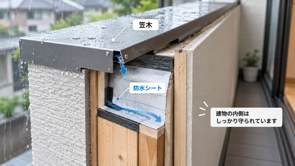 ベランダ笠木の下に防水シートが施工され、雨水が手すり壁内部へ入りにくい構造を示した画像