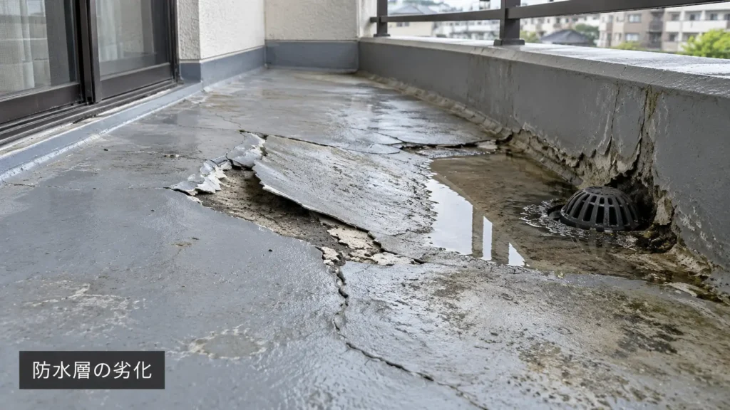 ベランダの防水層に膨れや剥がれ、ひび割れが発生し、床に水たまりができている様子
