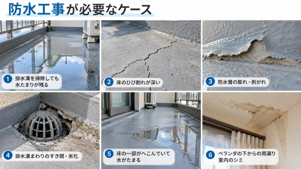 ベランダで防水工事が必要になりやすいケースとして、水たまりの残り、床の深いひび割れ、防水層の膨れや剥がれ、排水口まわりの劣化、床のへこみ、室内の雨漏り跡を示した画像