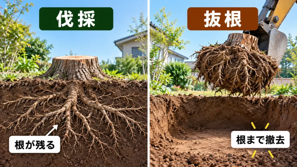 伐採では切り株と根が残り、抜根では切り株と根まで撤去する違いを比較した図