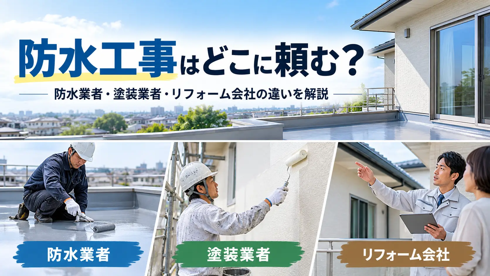防水工事をどこに頼むか、防水業者・塗装業者・リフォーム会社の違いを解説する記事のアイキャッチ画像