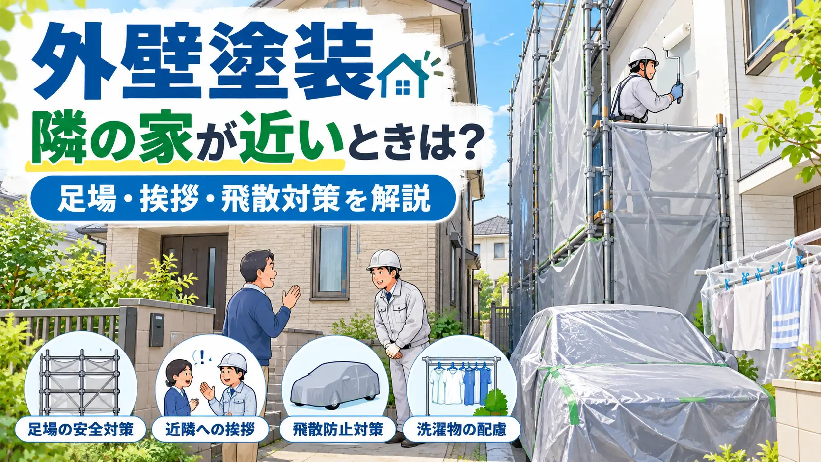 隣の家が近い場合の外壁塗装について、足場の設置や隣家への挨拶、車・洗濯物への塗料飛散防止対策を解説するイメージ