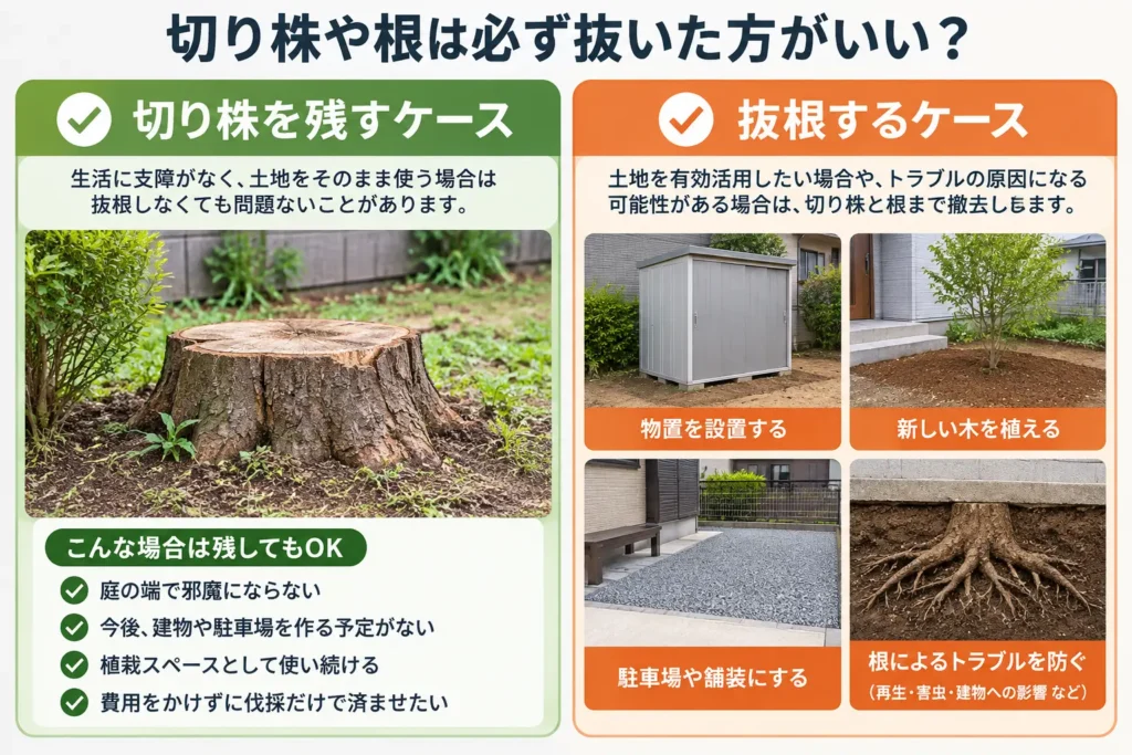 切り株を残してもよいケースと、物置設置・植え替え・舗装などのために抜根した方がよいケースを比較した図
