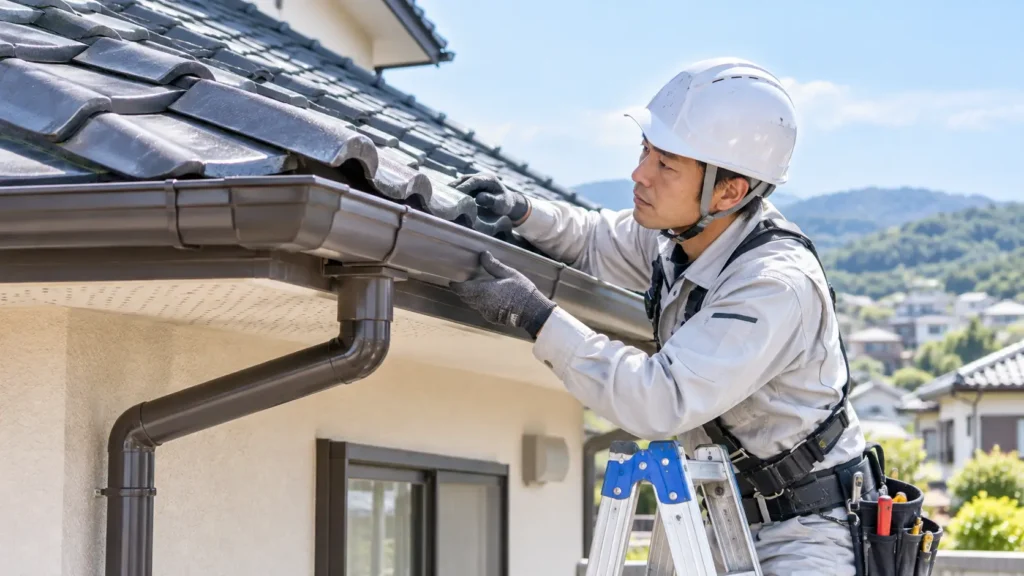 屋根業者が住宅の屋根と雨どいを同時に点検・修理しているイメージ