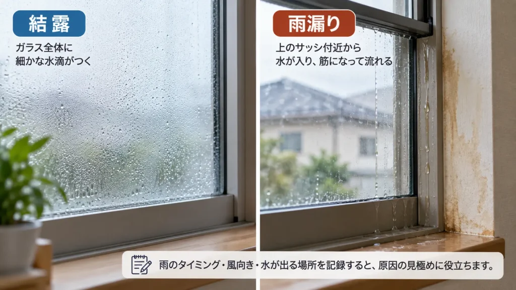 窓の結露とサッシまわりの雨漏りの違いを比較し、ガラス全体の水滴とサッシ上部から筋状に流れる水、壁紙の水染みなどの見分け方を示した画像