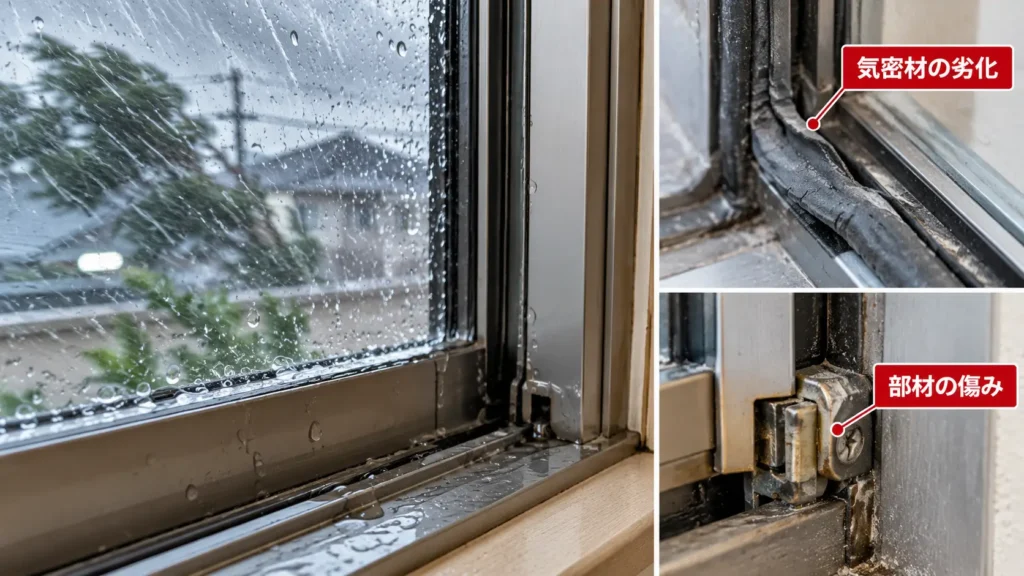 サッシの気密材や部材が劣化し、強い雨の際に窓周辺へ水が入りやすくなっている様子