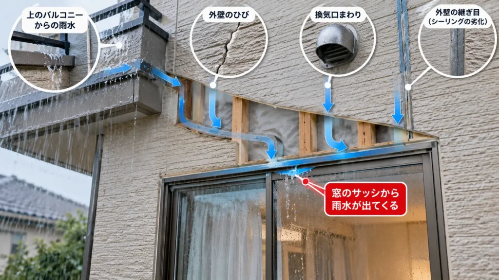 上階ベランダや外壁のひび割れ、換気口、外壁目地などから入った雨水が壁内部を伝ってサッシ上部へ出てくる様子