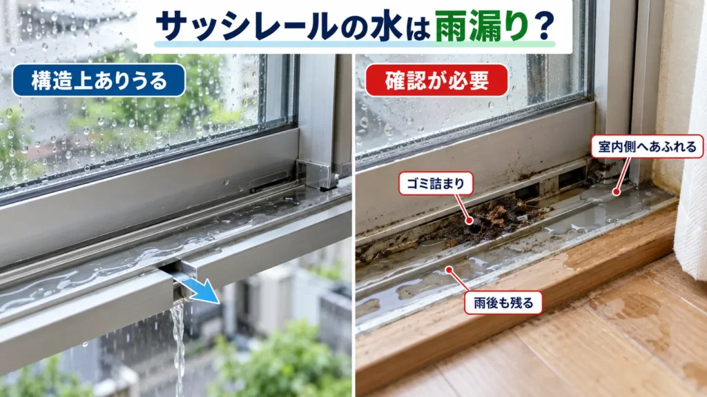 雨の日のサッシレールに水が溜まる状態について、正常に排水されるケースと、ゴミ詰まりや室内側へのあふれで確認が必要なケースを比較した画像