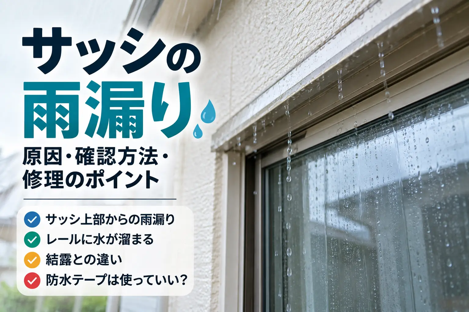 サッシの雨漏りについて、サッシ上部からの浸水、レールに水が溜まる場合、結露との違い、防水テープ使用時の注意点を紹介するアイキャッチ画像
