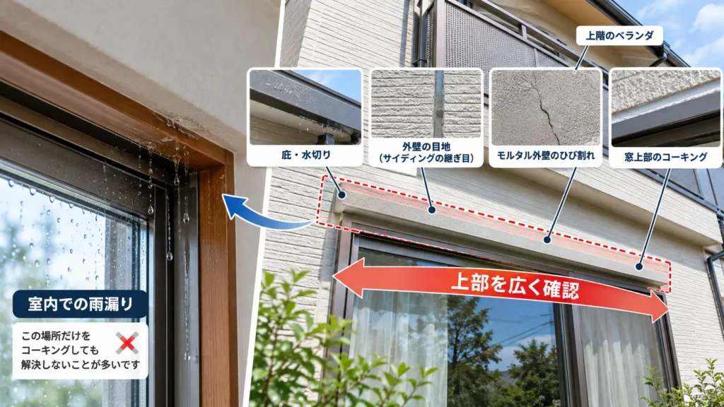 サッシ上部から雨漏りしているときに、窓上の外壁、目地、ひび割れ、庇、水切り、上階ベランダなどを広く確認する必要があることを示した画像