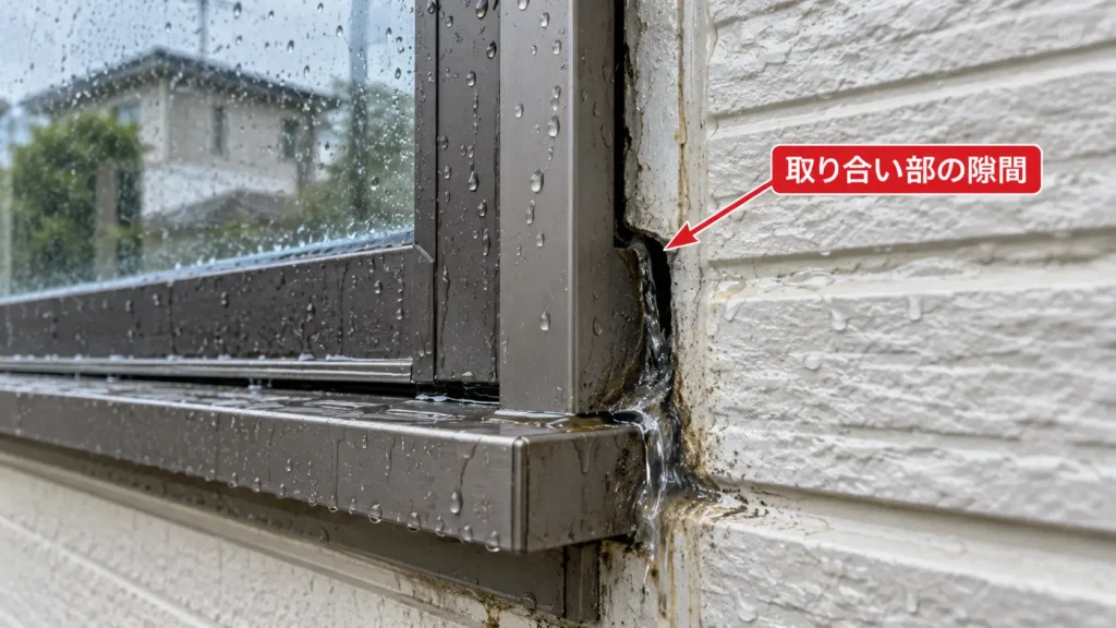 サッシと外壁の取り合い部分に隙間ができ、雨水が入り込んでいる様子