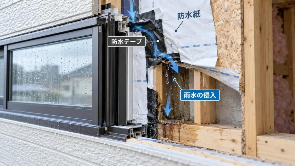 サッシ周囲の防水テープや防水紙の不具合によって、外壁内部へ雨水が浸入している様子