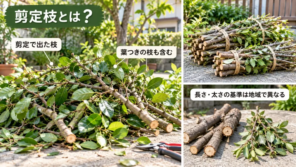 剪定で切り落とした枝や葉付きの枝など、剪定枝の例と自治体で長さ・太さの基準が異なることを示した画像
