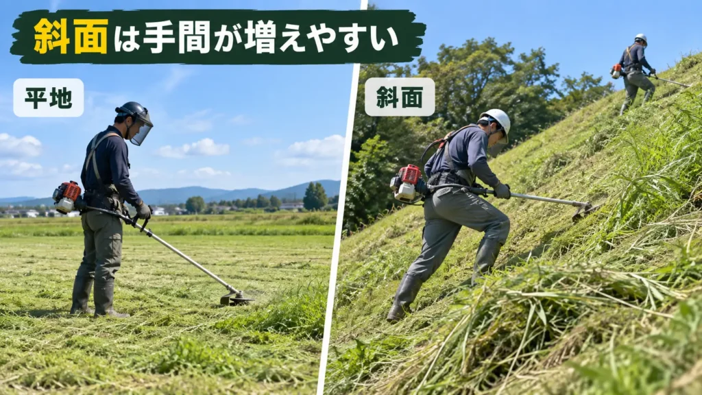 平地と斜面での草刈り作業を比較し、斜面では足場が不安定で作業しにくいことを示した画像
