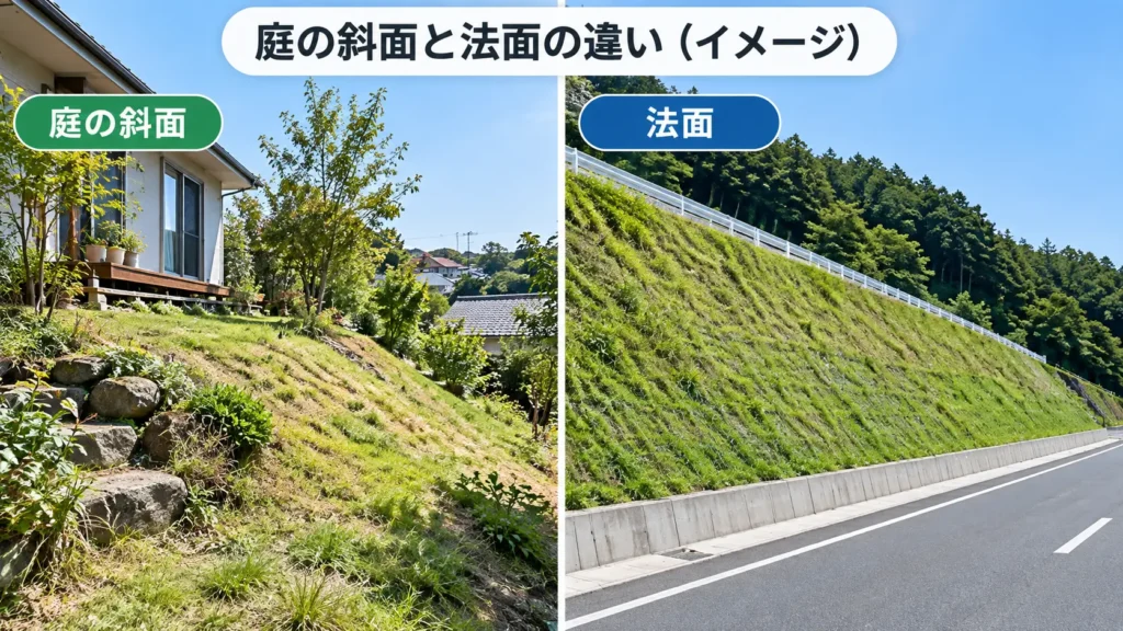 住宅の庭にある斜面と、道路や造成地などにある法面の違いを比較した図