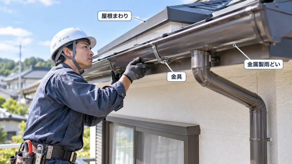 板金業者が金属製雨どい・支持金具・屋根まわりを点検しているイメージ
