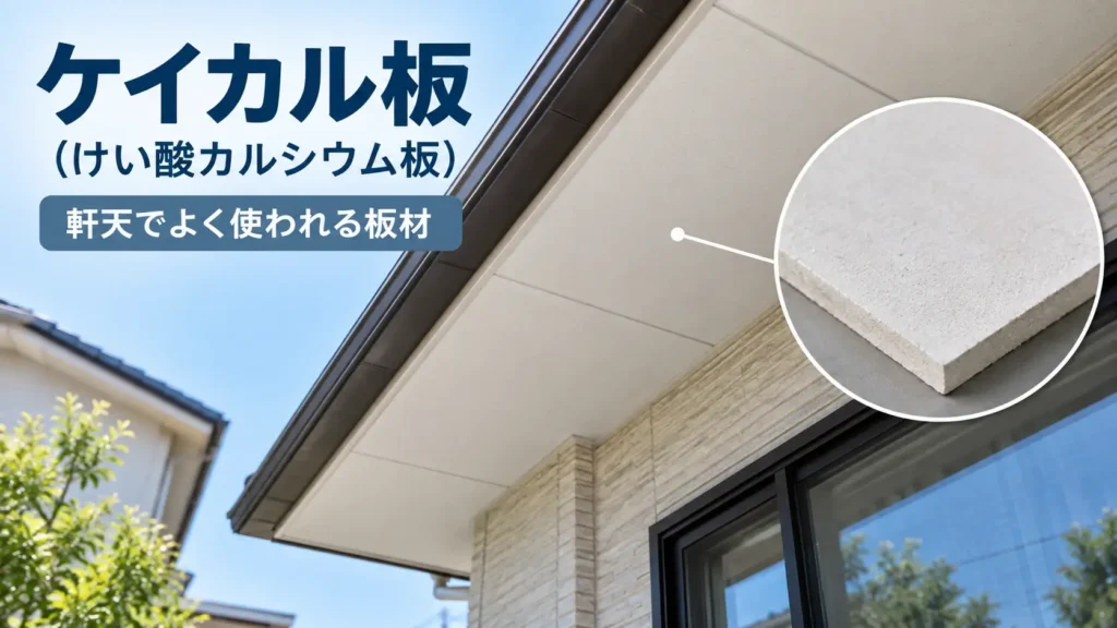 軒天でよく使われるケイカル板（けい酸カルシウム板）の位置と板材の質感を示した画像