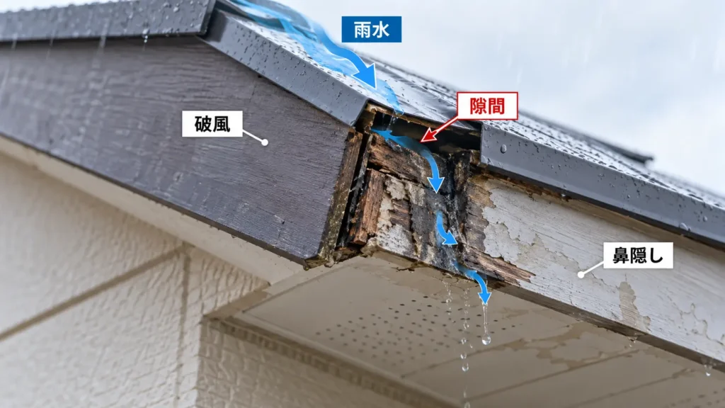 破風や鼻隠し周辺の隙間や劣化部分から雨水が入り、軒天側へ流れている様子