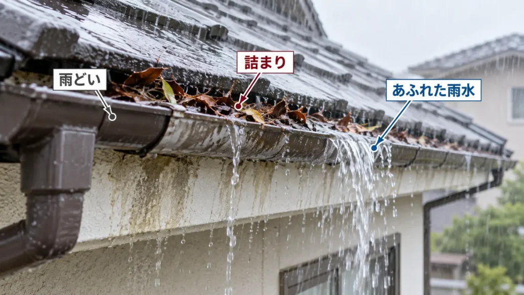 落ち葉などで詰まった雨どいから雨水があふれ、軒天周辺へ水が回っている様子