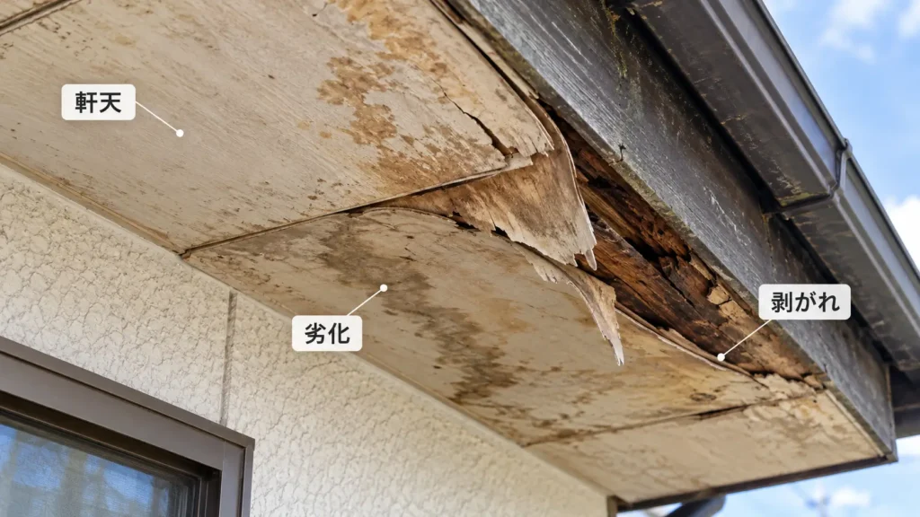 軒天材が劣化して雨染みや剥がれ、腐食が発生している様子