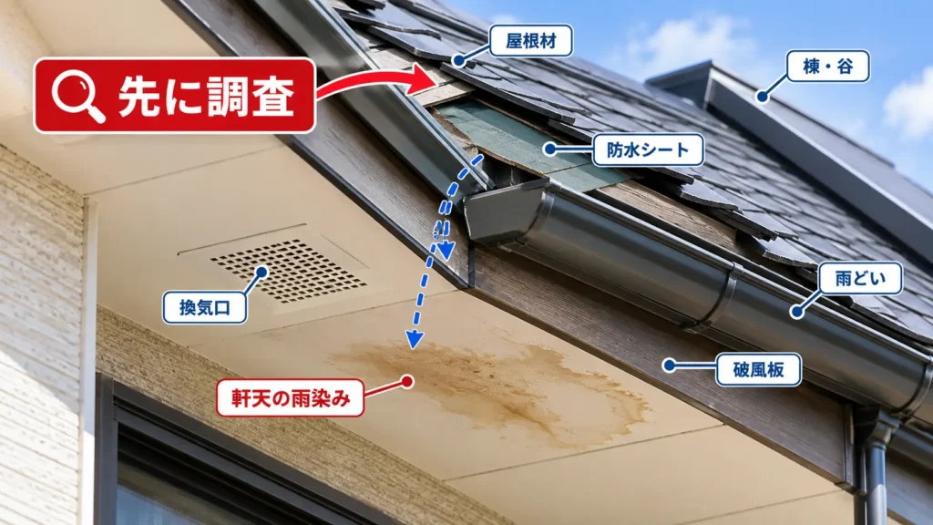 軒天に雨染みがある住宅で、屋根材・棟や谷・防水シート・雨どい・破風板・換気口など雨漏りの確認箇所を示した画像
