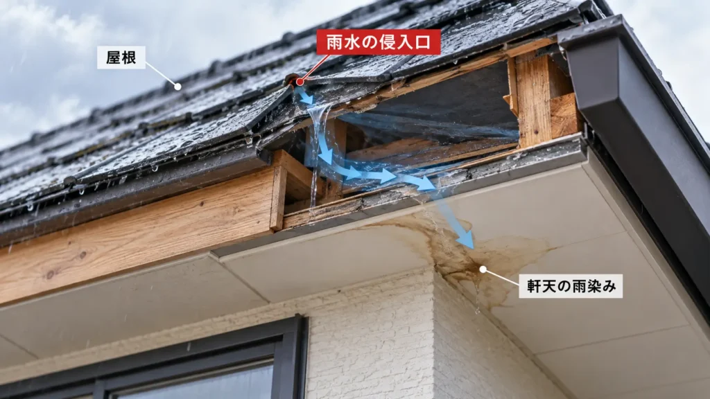 屋根から入った雨水が内部を伝って軒先まで流れ、軒天に雨染みができている様子