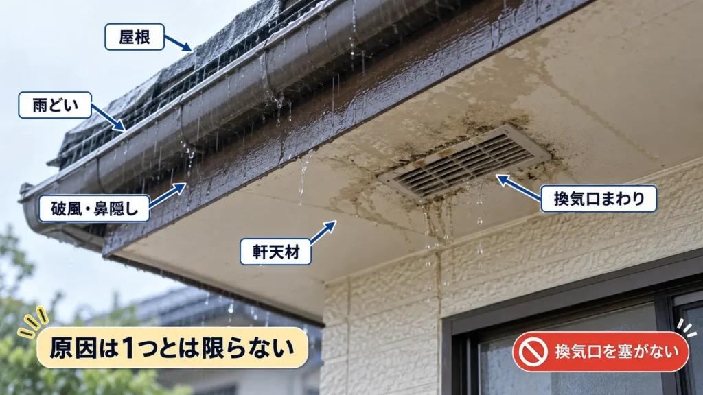 軒天の換気口周辺に雨染みや水滴が発生し、屋根・雨どい・破風・軒天材・換気口まわりなど複数の原因を確認する必要があることを示した画像