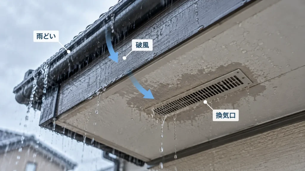 軒天の換気口まわりが濡れている様子と、雨どい・破風・換気口付近へ水が流れ込む可能性を示した画像