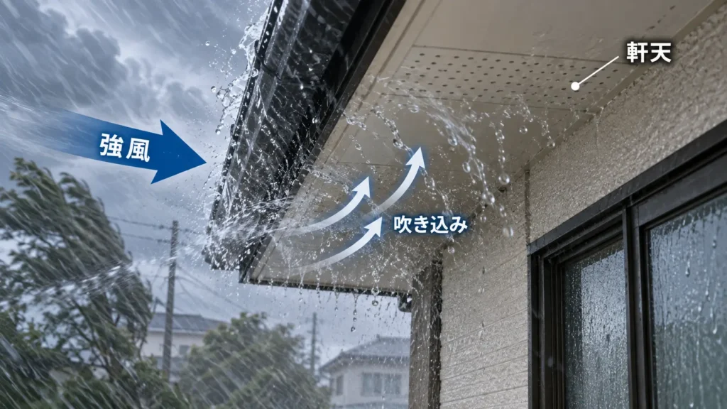 台風や強風による横殴りの雨が軒下へ吹き込み、軒天が濡れている様子