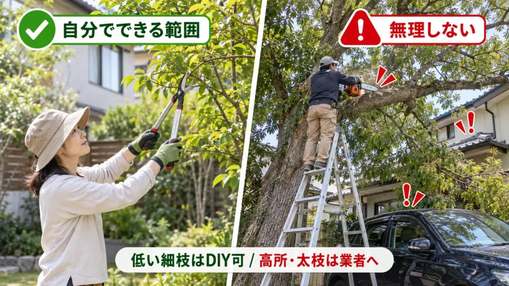 低い細枝は自分で剪定できる一方、高所の太い枝は業者へ依頼すべきことを比較した写真風の図