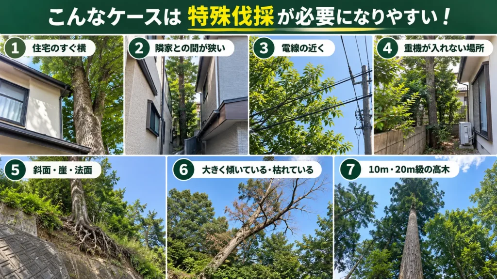 特殊伐採が必要になりやすい住宅近接・狭所・電線付近・斜面・枯れ木・高木など7つのケースを示した図