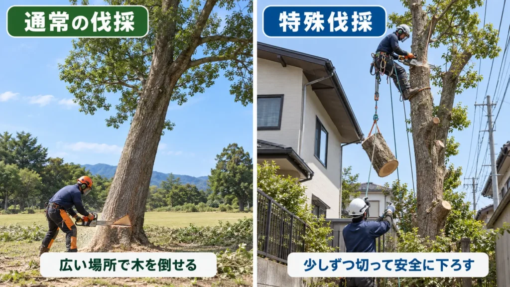 通常の伐採と特殊伐採の違いを、広い場所で木を倒す方法と住宅近くで少しずつ切って下ろす方法で比較した図