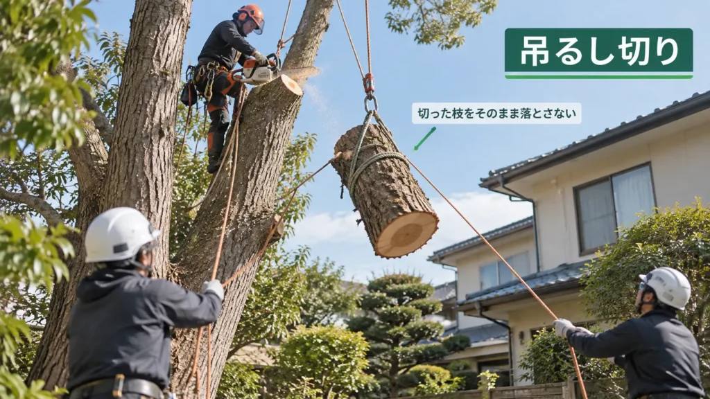 吊るし切りで切った枝や幹をロープで吊り下ろし、住宅近くで安全に伐採する様子を示した写真風の画像