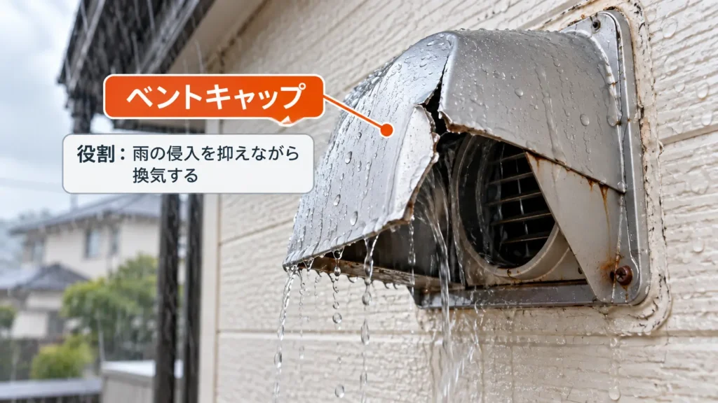 破損して変形したベントキャップから雨水が入りやすくなっている外壁換気口の様子