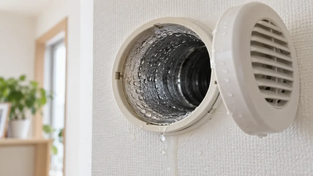 換気ダクト内部に結露による水滴が発生し、室内側の換気口から水が垂れている様子