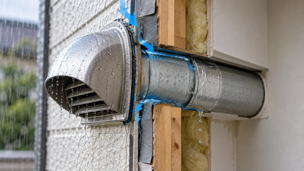 換気ダクトと外壁の貫通部分から雨水が入り、壁内部へ浸入する経路を示した断面画像