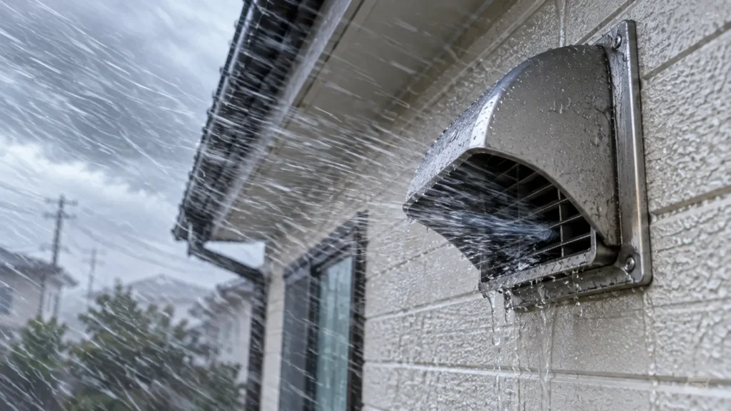強風を伴う雨が外壁の換気口へ吹き込み、ベントキャップ内部まで雨水が入り込んでいる様子