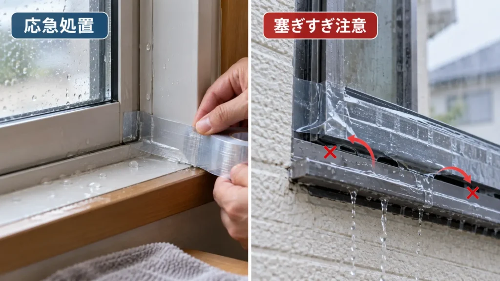 窓枠の雨漏りに防水テープを使う応急処置の例と、排水経路まで塞ぐ貼り方は避けるべきことを示した画像